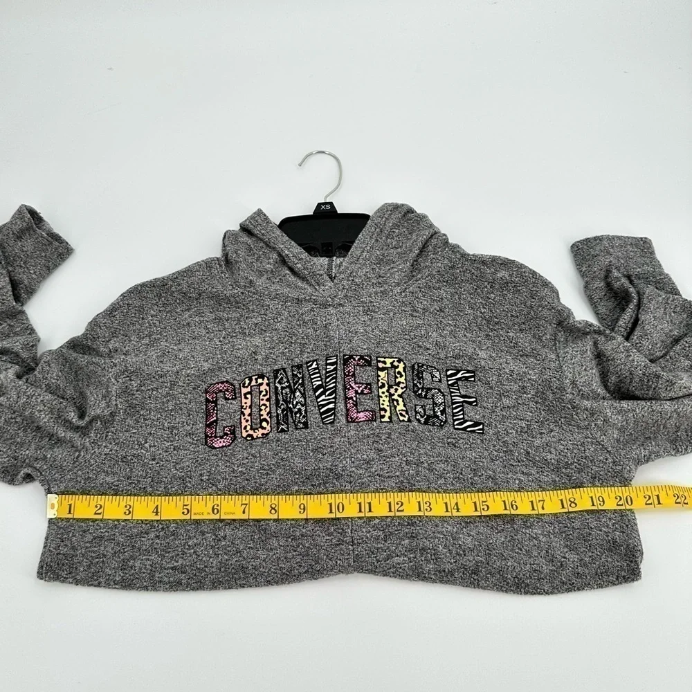 CONVERSE Girl’s Gray Soft Front-Tied Long Sleeve Hoodie Mixed Print Logo Size XL